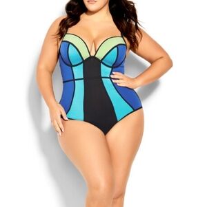 City Chic Colour Block Underwire 1 Piece Swimsuit Sz 18W Blue Black Green SW111